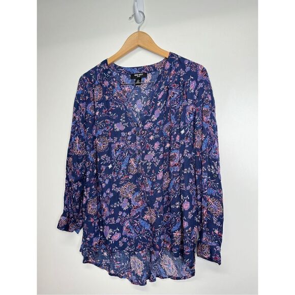 Nine West Jeans Shirt Womens Floral Long Sleeve Purple Blouse High Low Size Larg - Picture 4 of 6